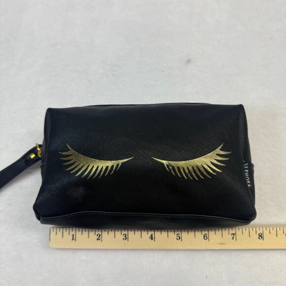SEPHORA Makeup Cosmetics Travel Toiletry Bag Black Pouch Hot Gold Eyelashes Glam - Picture 2 of 9